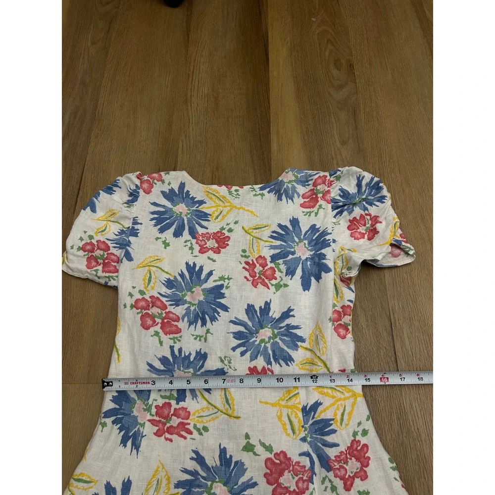 Polo Ralph Lauren Floral Linen Button Front Puff Sleeve Dress White Blue 6 - Picture 7 of 8